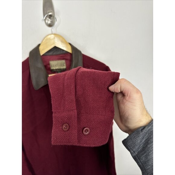 VTG 90s Cabelas Mens L Leather Collar Wool Button Shirt Jacket Shacket Red - Picture 3 of 5
